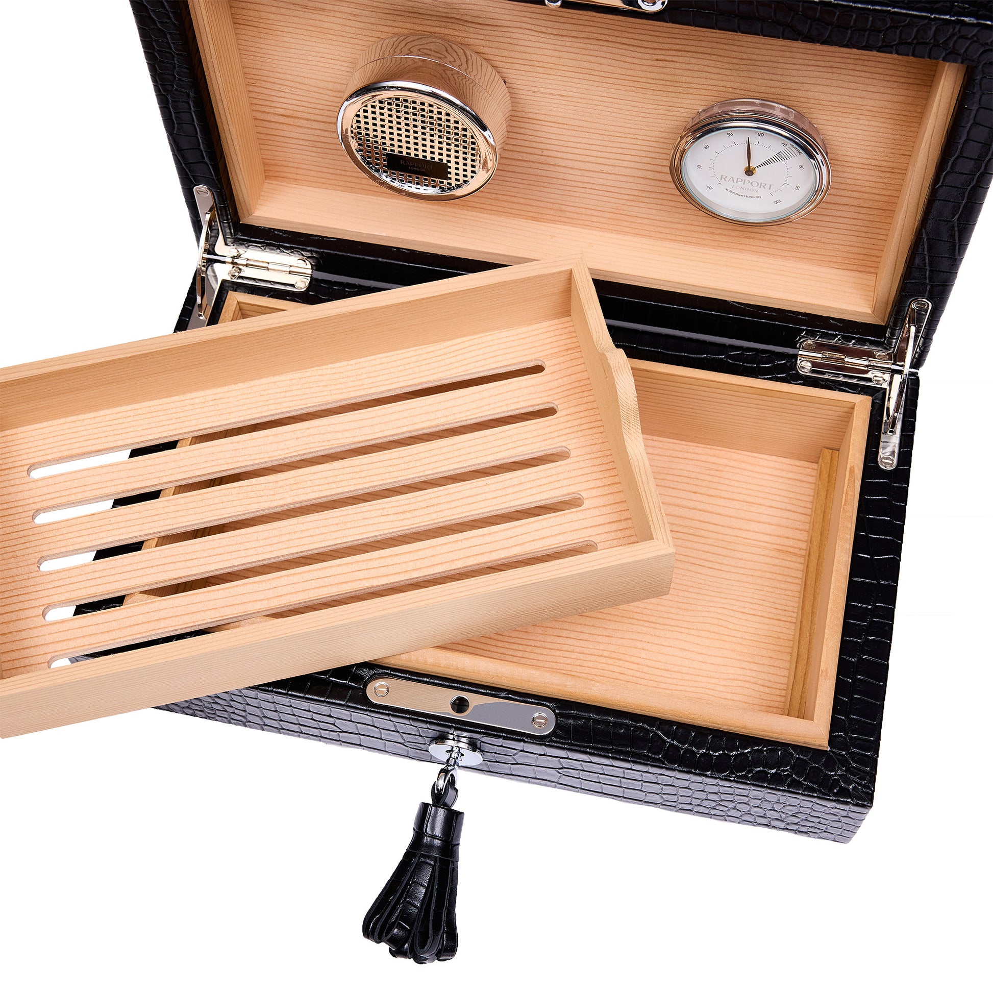 Brompton Black Cigar Humidor Box, Handcrafted Storage with Hygrometer