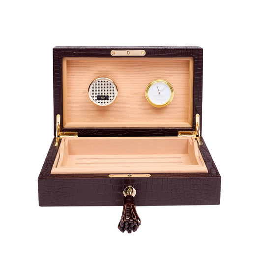 Brompton Brown Cigar Humidor, Luxury Leather-Effect Wooden Storage Box