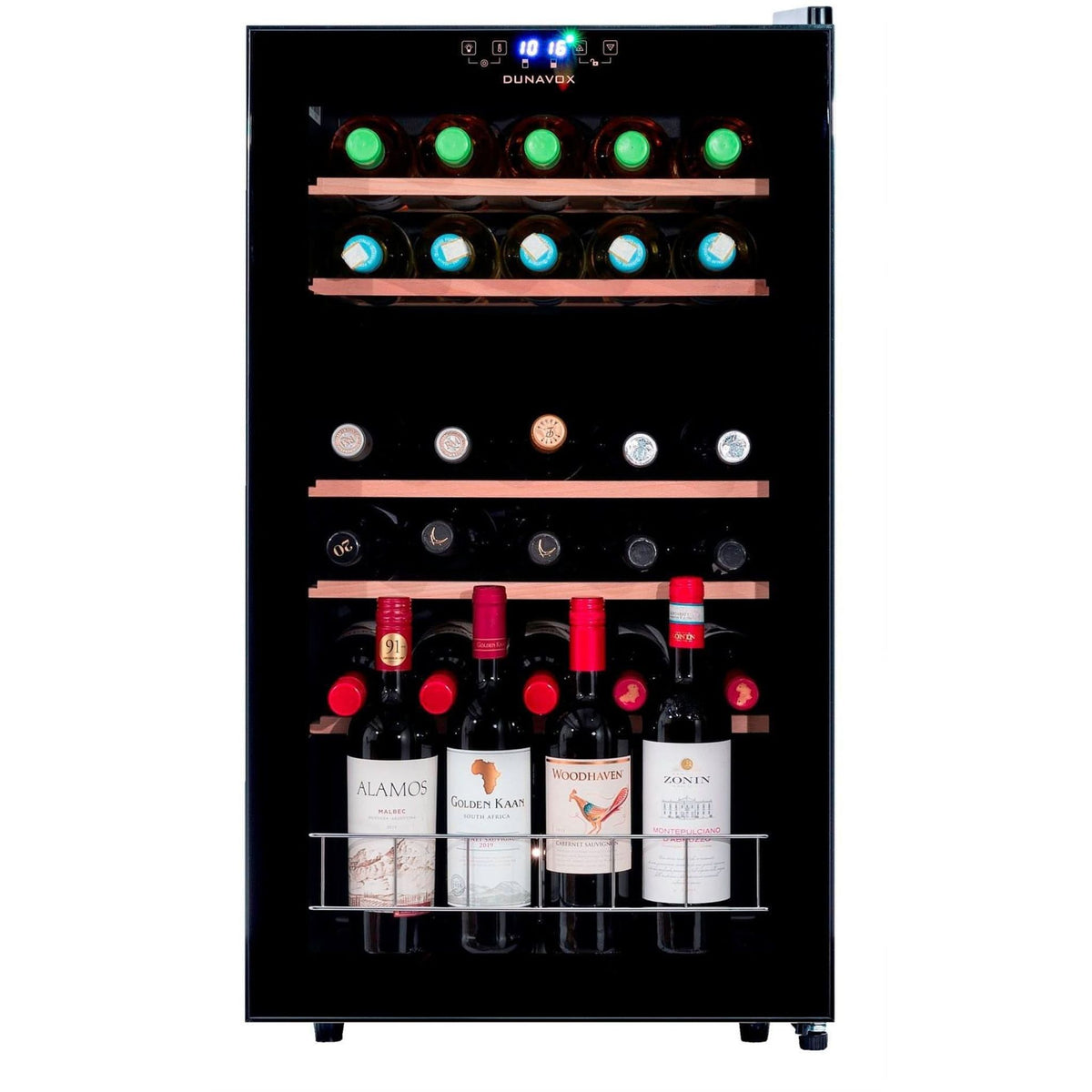Dunavox 30-Bottle Wine Cooler with Dual Temperature Zones – Freestanding or Undercounter
