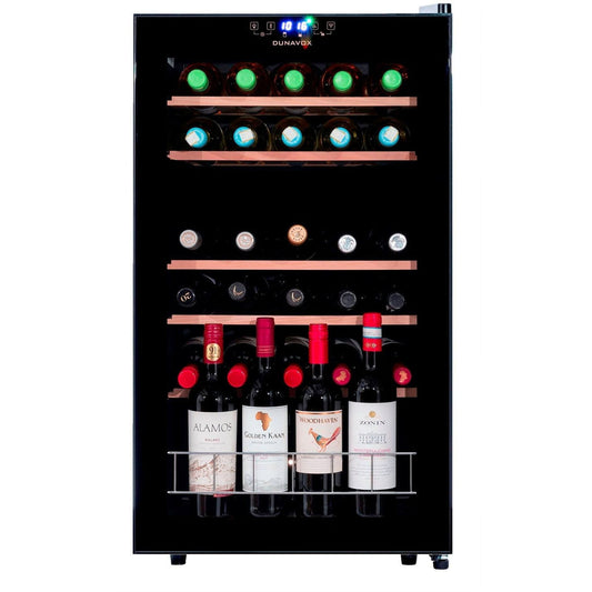 Dunavox 30-Bottle Wine Cooler with Dual Temperature Zones – Freestanding or Undercounter
