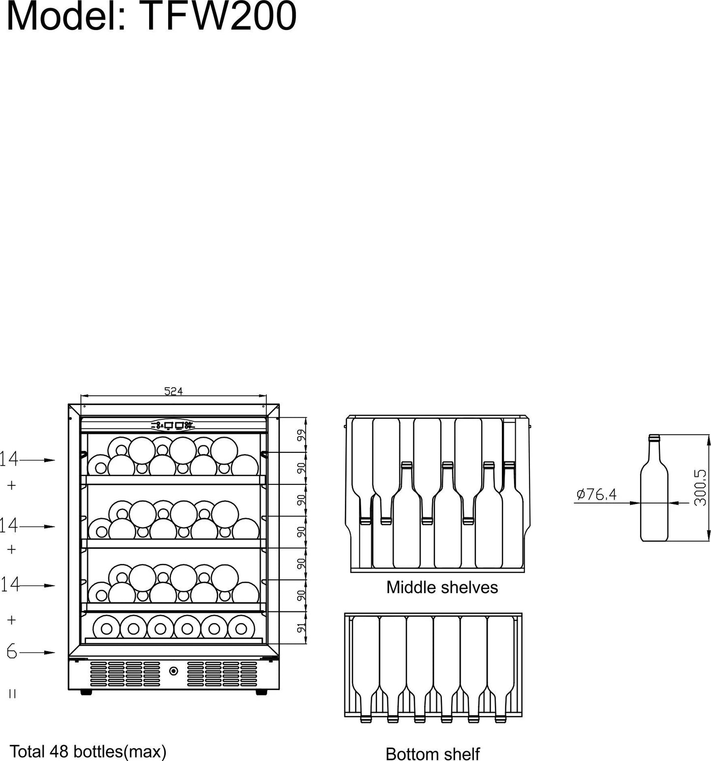 Tefcold Single-Temperature Undercouter 48 Bottles Black & Stainless Steel Wine Cooler