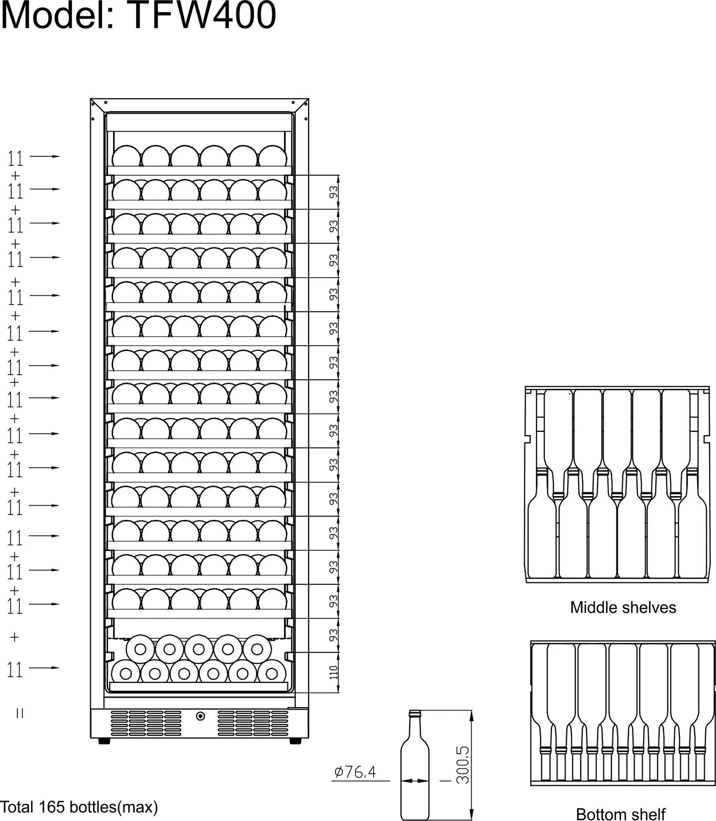 Tefcold Single-Temperature Freestanding 165 Bottles Black Wine Cooler